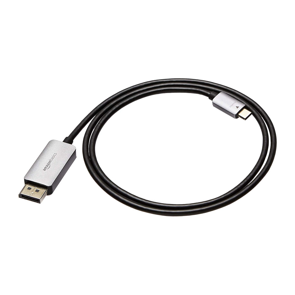 Amazon Basics USB-C to DisplayPort cable connects a laptop to a monitor for 4K video