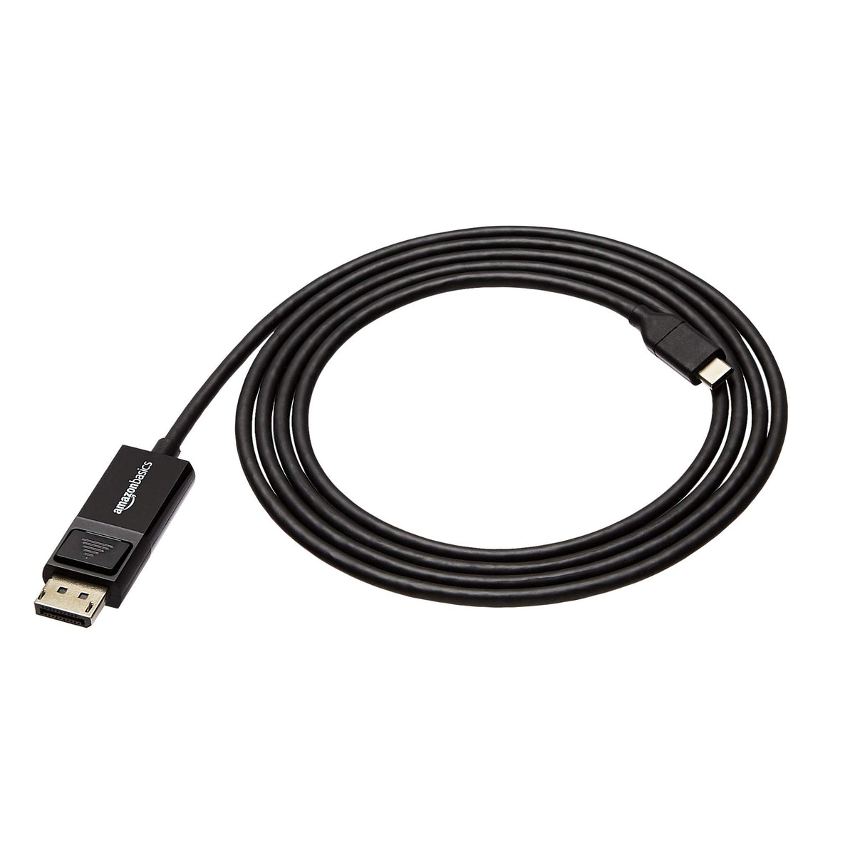 Amazon Basics USB-C to DisplayPort cable connector close-up highlighting bidirectional support