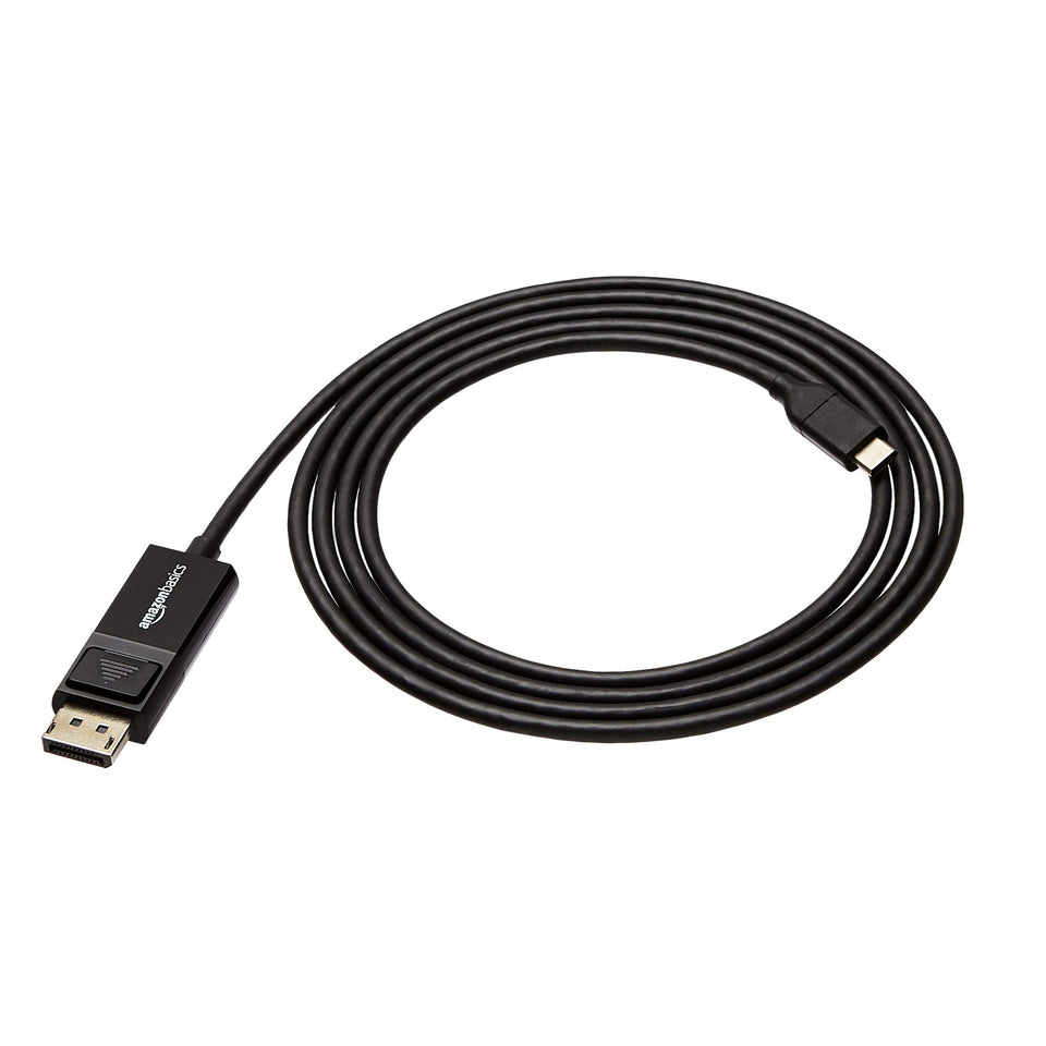Amazon Basics USB-C to DisplayPort cable connector close-up highlighting bidirectional support