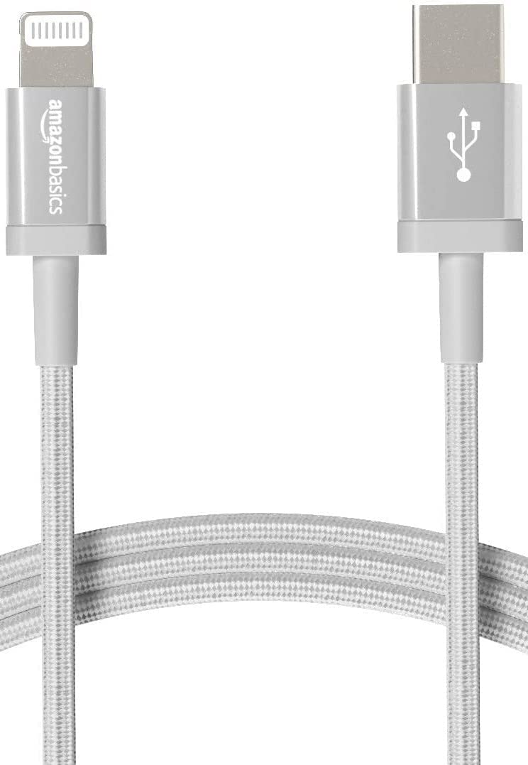 Amazon Basics USB-C to Lightning cable in silver, 6 ft, fast charging for iPhone