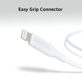 Amazon Basics 6 ft white cable shown beside iPad and MacBook.