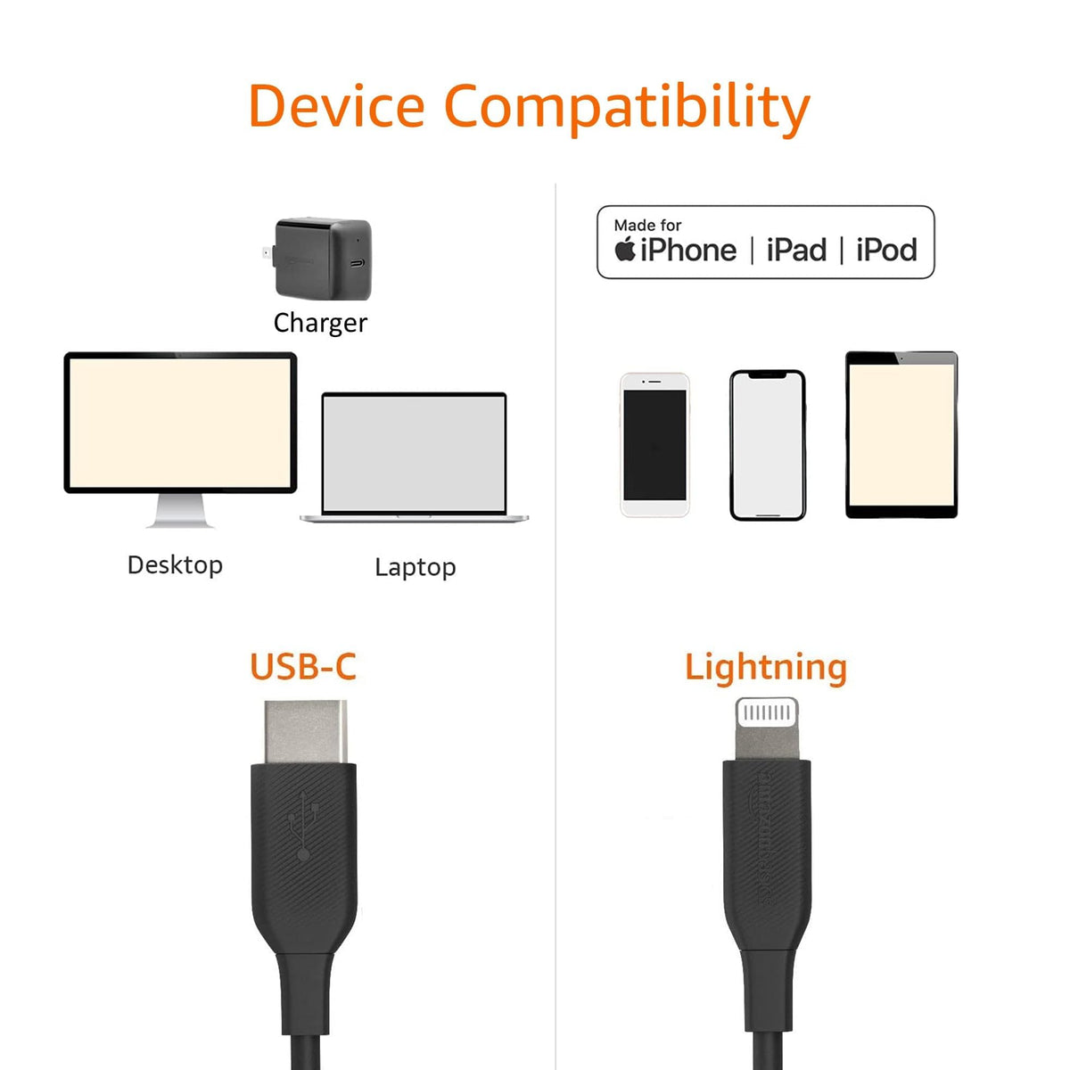 Amazon Basics USB-C to Lightning Cable in the box with warranty and instructions