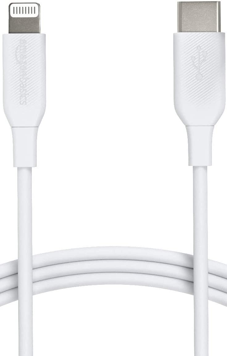 Amazon Basics USB-C to Lightning cable, 6 ft, white, MFi certified for fast charging.