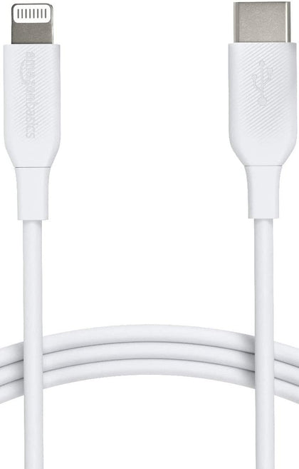 Amazon Basics USB-C to Lightning cable, 6 ft, white, MFi certified for fast charging.