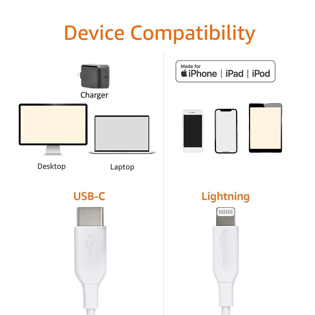 Amazon Basics USB-C to Lightning cable with textured ends for durable grip.