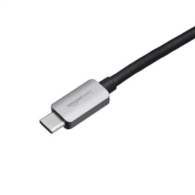 Amazon Basics USB-C to RJ45 adapter in use with a laptop for stable wired connection.
