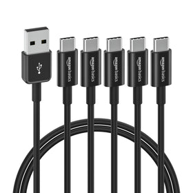 Amazon Basics USB-C to USB-A cable 3ft, 5-pack, ideal for charging and data transfer.