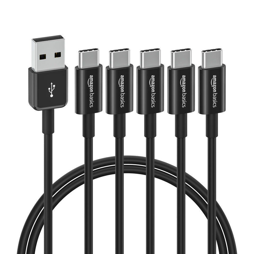 Amazon Basics USB-C to USB-A cable 3ft, 5-pack, ideal for charging and data transfer.
