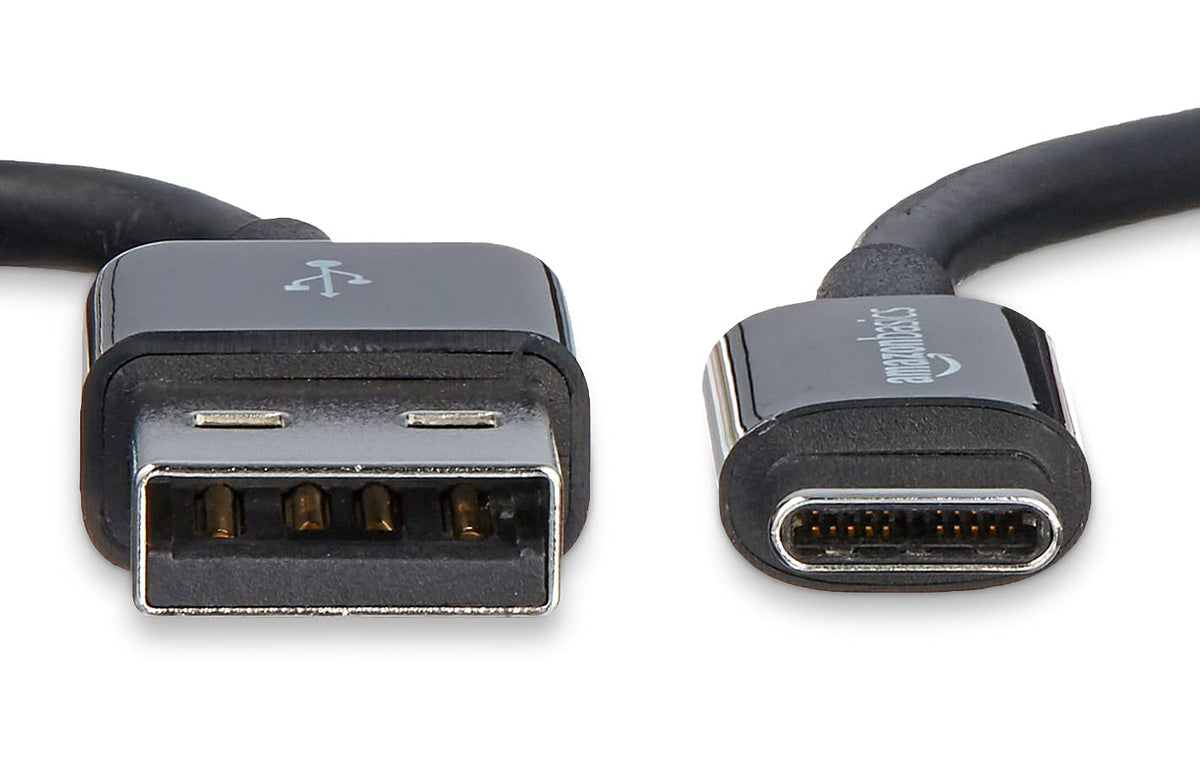 Close-up of Amazon Basics USB-C to USB-A connector showing build quality.
