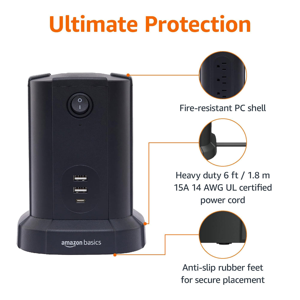 Amazon Basics closeup of USB‑A and USB‑C ports for convenient charging