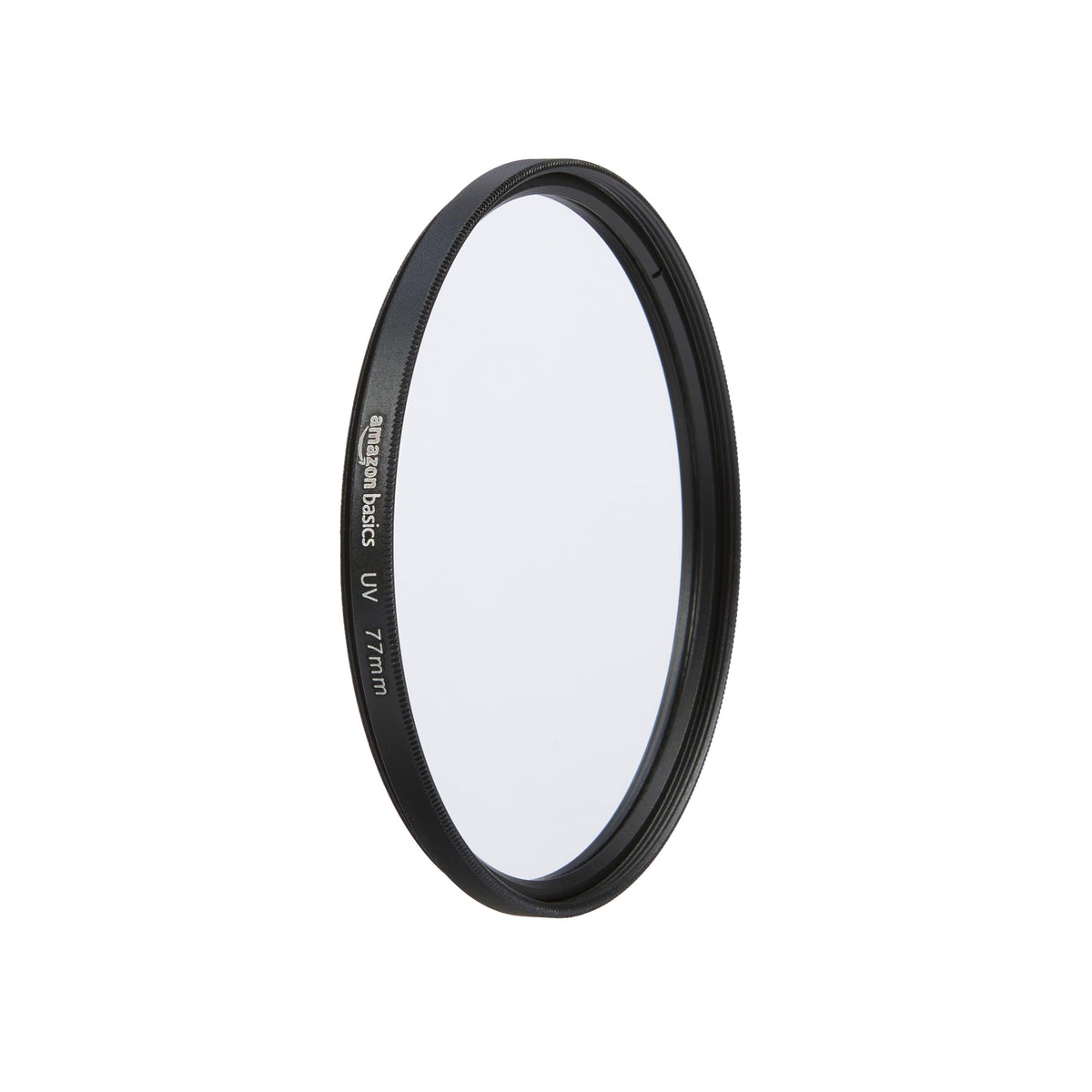 Amazon Basics UV protection filter 77mm front view protects lens from dust while reducing haze.