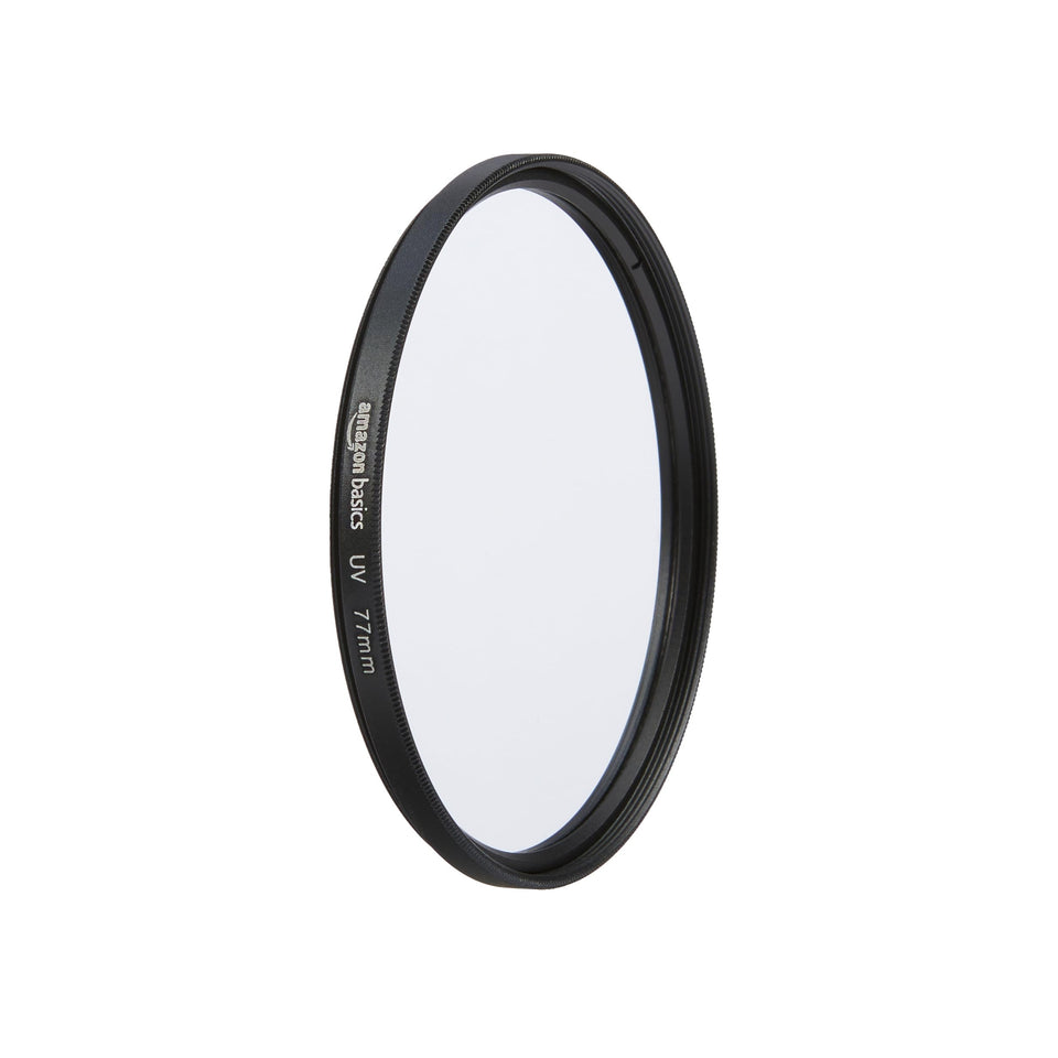 Amazon Basics UV protection filter 77mm front view protects lens from dust while reducing haze.