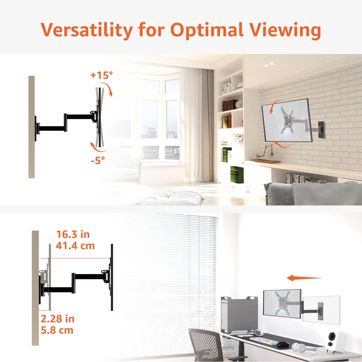 Amazon Basics wall mount extends up to 16 inches for easy positioning