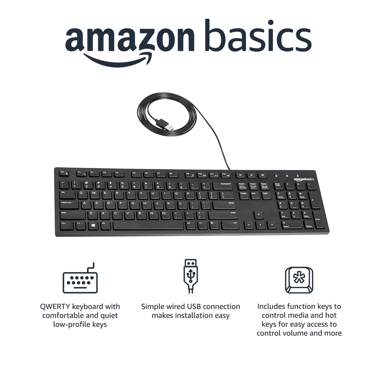 Amazon Basics wired keyboard back view suitable for desk setup and reliable daily use