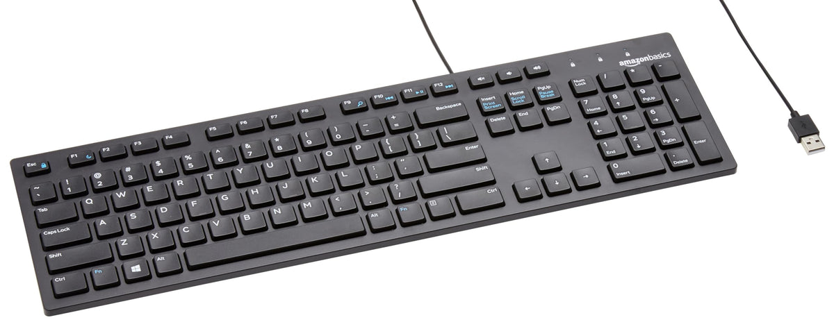 Amazon Basics wired keyboard front view highlights a sleek black design for comfortable typing