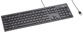 Amazon Basics wired keyboard front view highlights a sleek black design for comfortable typing