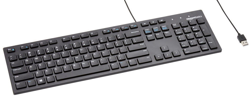 Amazon Basics wired keyboard front view highlights a sleek black design for comfortable typing