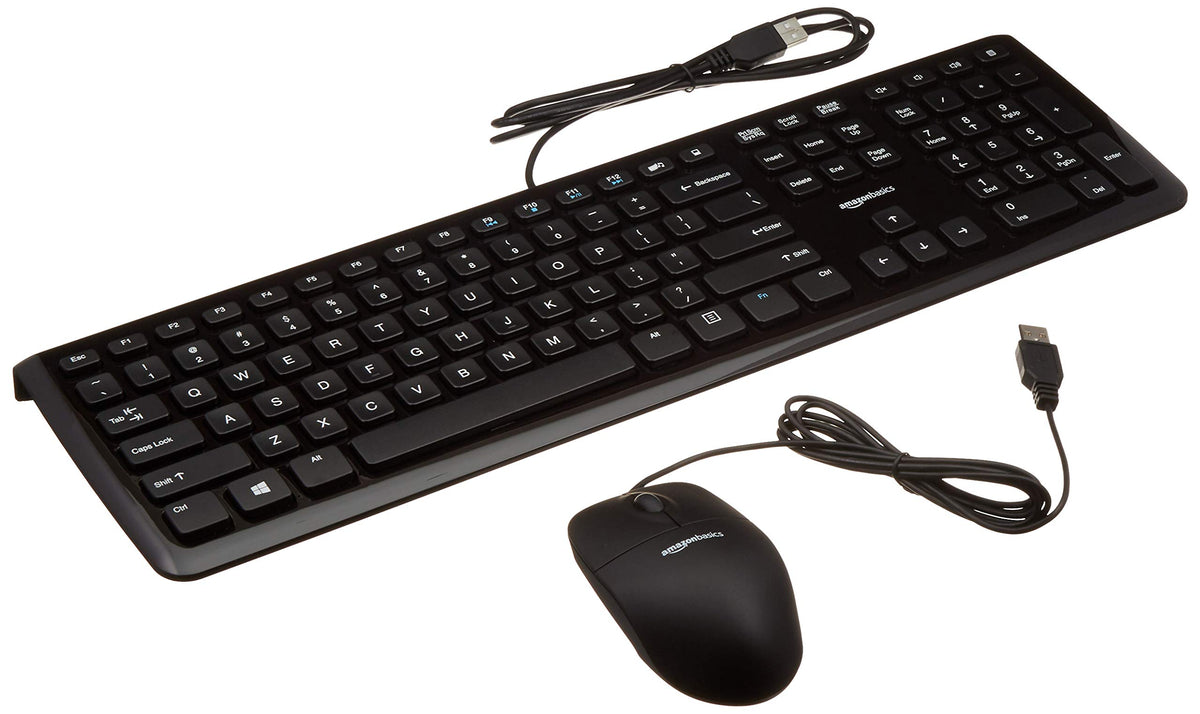 Amazon Basics wired keyboard full-size with quiet keys for comfortable typing.