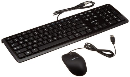 Amazon Basics wired keyboard full-size with quiet keys for comfortable typing.