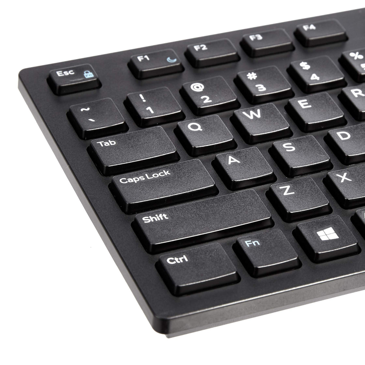 Amazon Basics wired keyboard keys closeup shows durable keys and familiar layout