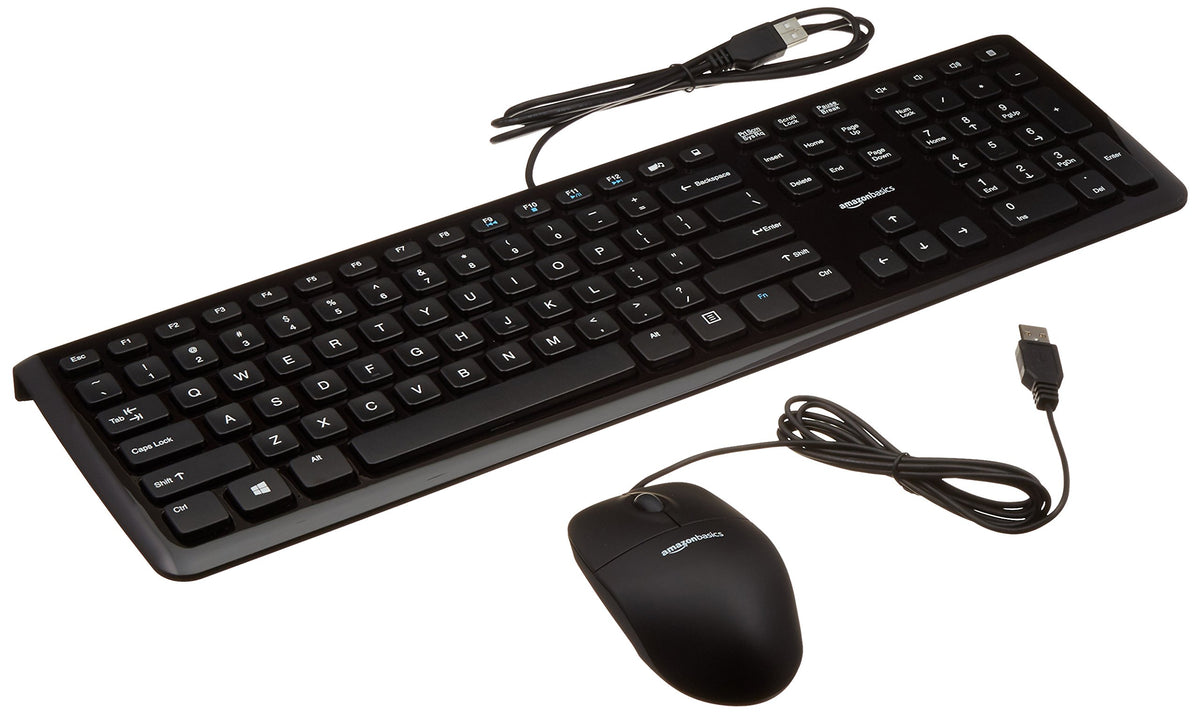 Amazon Basics wired keyboard and mouse front view highlighting quiet typing