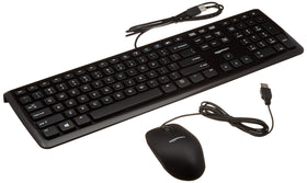Amazon Basics wired keyboard and mouse front view highlighting quiet typing