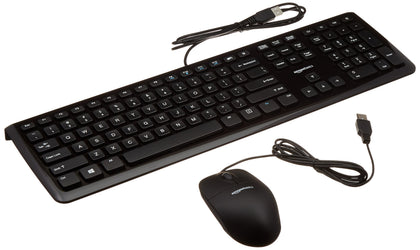 Amazon Basics wired keyboard and mouse front view highlighting quiet typing