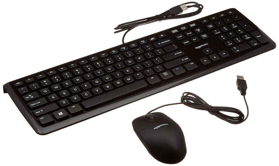 Amazon Basics wired keyboard and mouse front view highlighting quiet typing