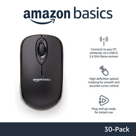 Amazon Basics wireless mouse highlighting 2.4 GHz connection for reliable use.