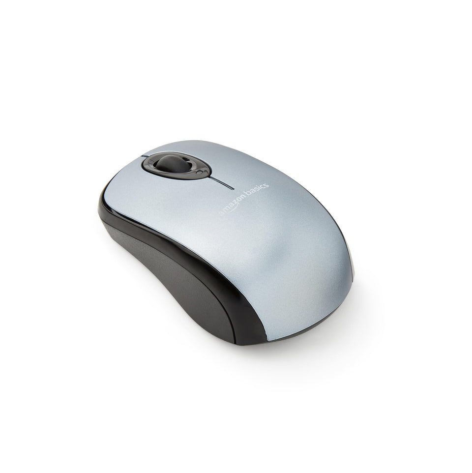Amazon Basics wireless mouse silver front view for portable, precise navigation.