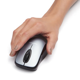 Amazon Basics wireless mouse silver packaging view highlights ready-for-travel setup.