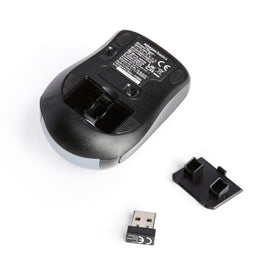 Amazon Basics wireless mouse silver receiver-storage view shows USB nano receiver tucked inside.