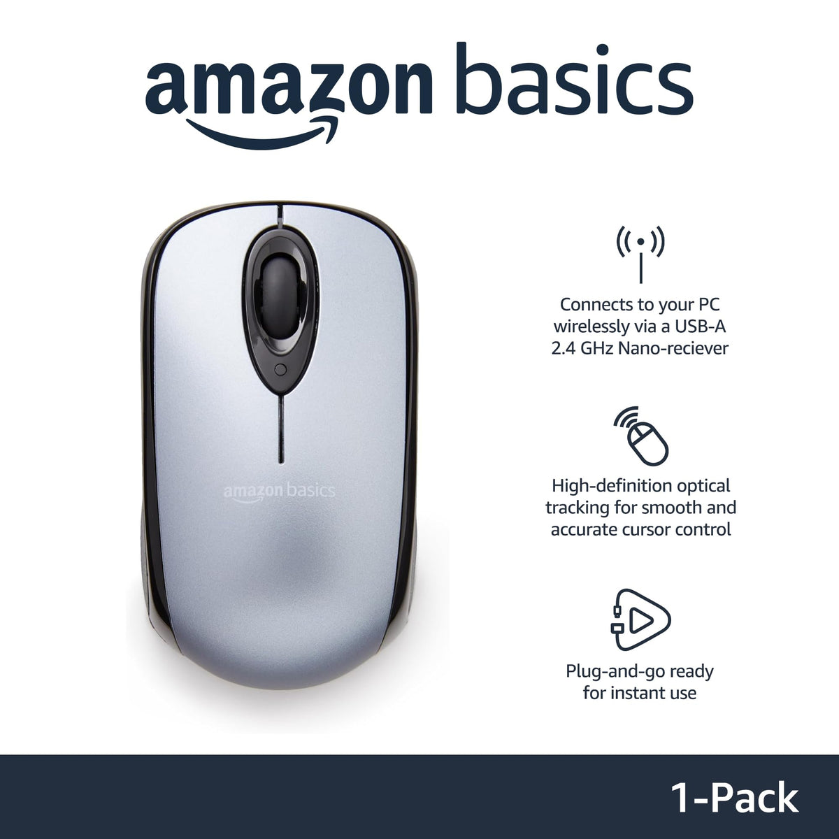Amazon Basics wireless mouse silver side view highlighting sleek, ambidextrous-friendly design.