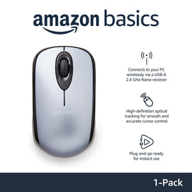 Amazon Basics wireless mouse silver side view highlighting sleek, ambidextrous-friendly design.