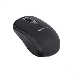 Amazon Basics wireless mouse with USB nano receiver for clutter-free setup.
