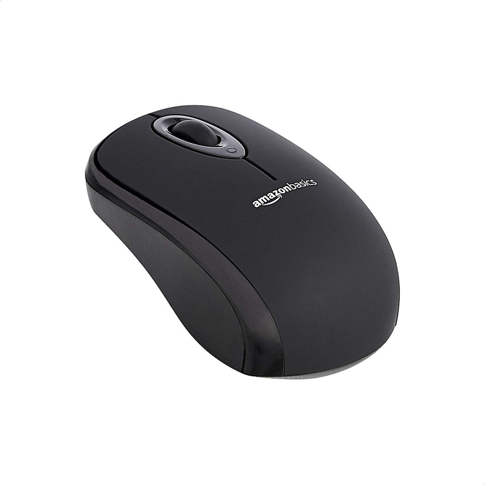 Amazon Basics wireless mouse with USB nano receiver for clutter-free setup.