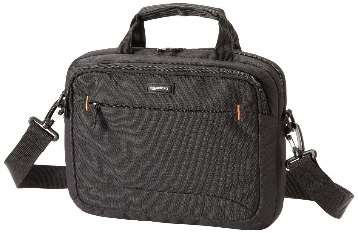 Amazon Basics 11.6-inch laptop bag front compartment keeps cords organized for travel.