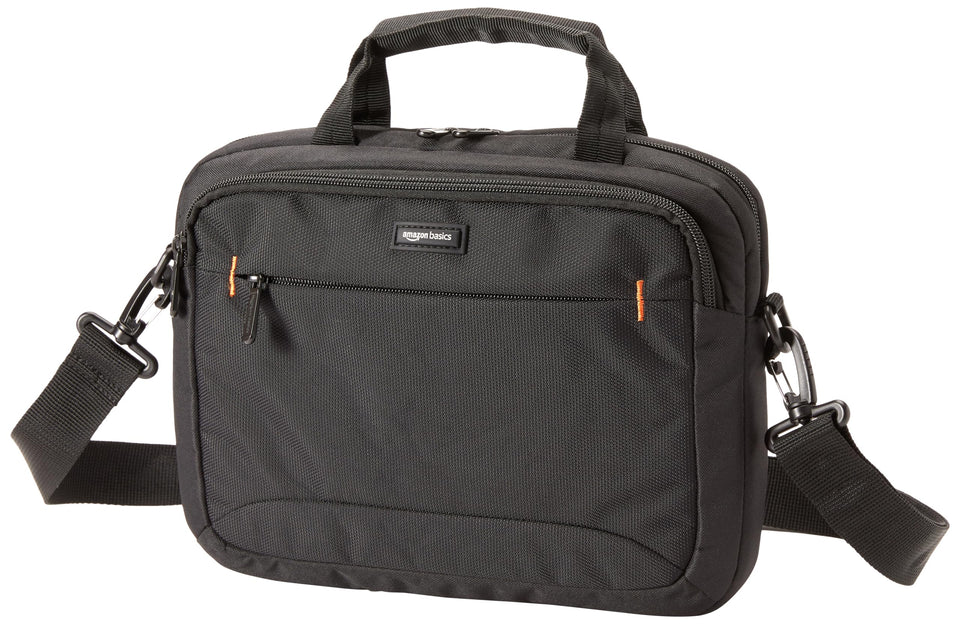 Amazon Basics 11.6-inch laptop bag front compartment keeps cords organized for travel.
