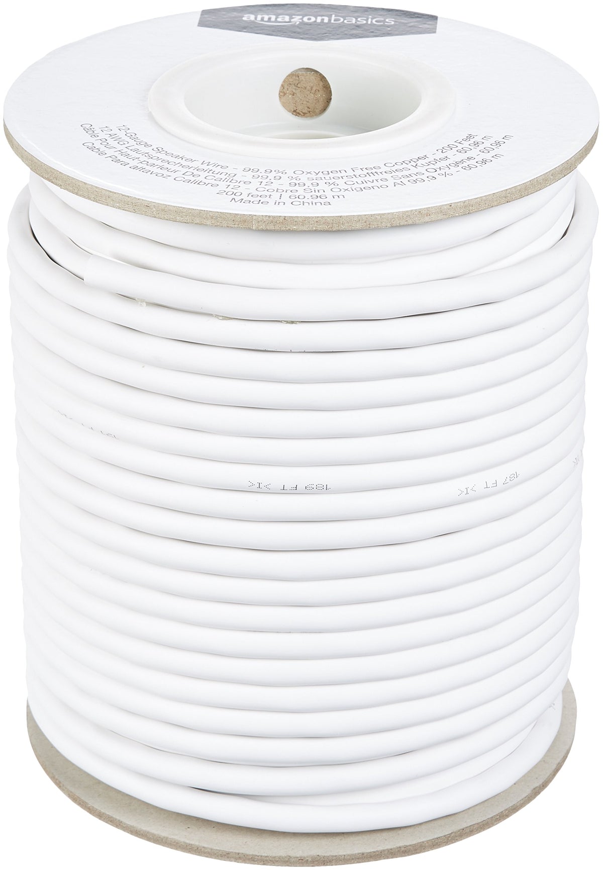 Amazon Basics 12-gauge speaker wire coil shows durable insulation for clean audio connections.