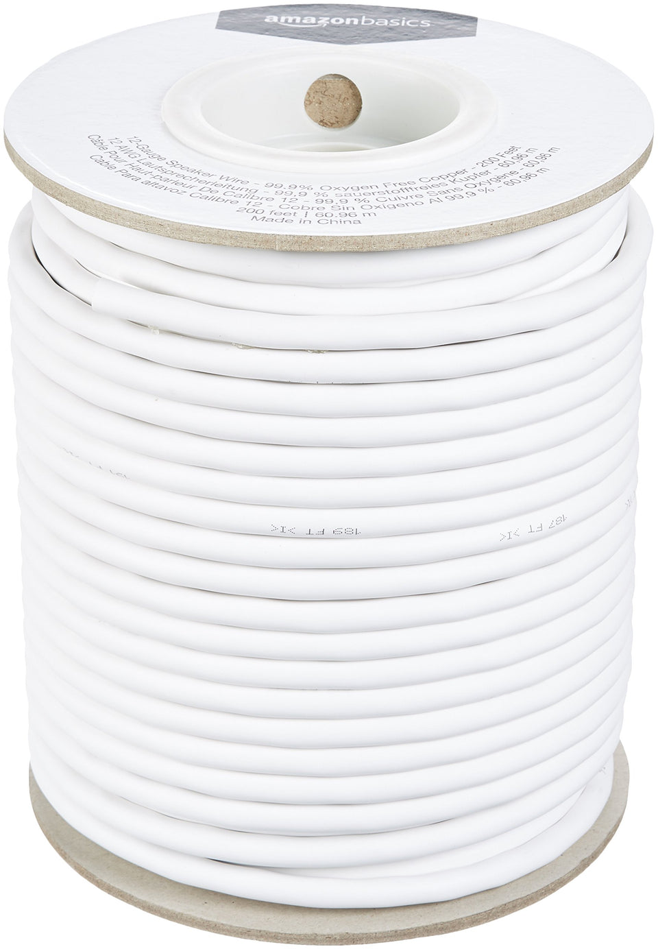 Amazon Basics 12-gauge speaker wire coil shows durable insulation for clean audio connections.