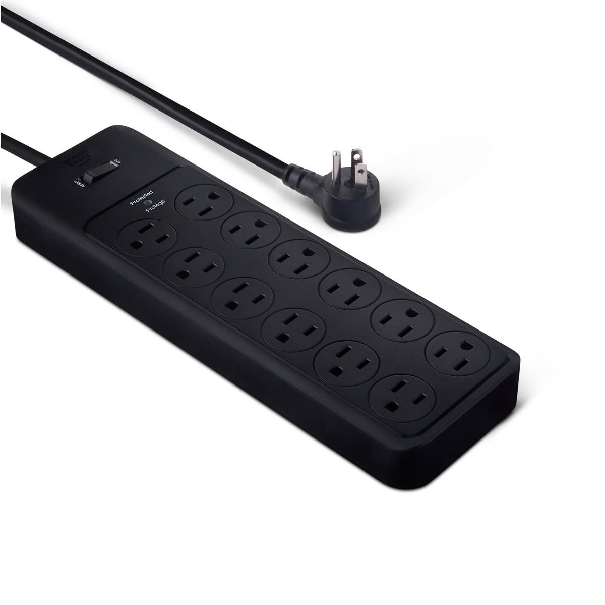 Amazon Basics 12-outlet surge protector with 8-foot cord powers a tidy home office.