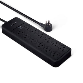 Amazon Basics 12-outlet surge protector with 8-foot cord powers a tidy home office.