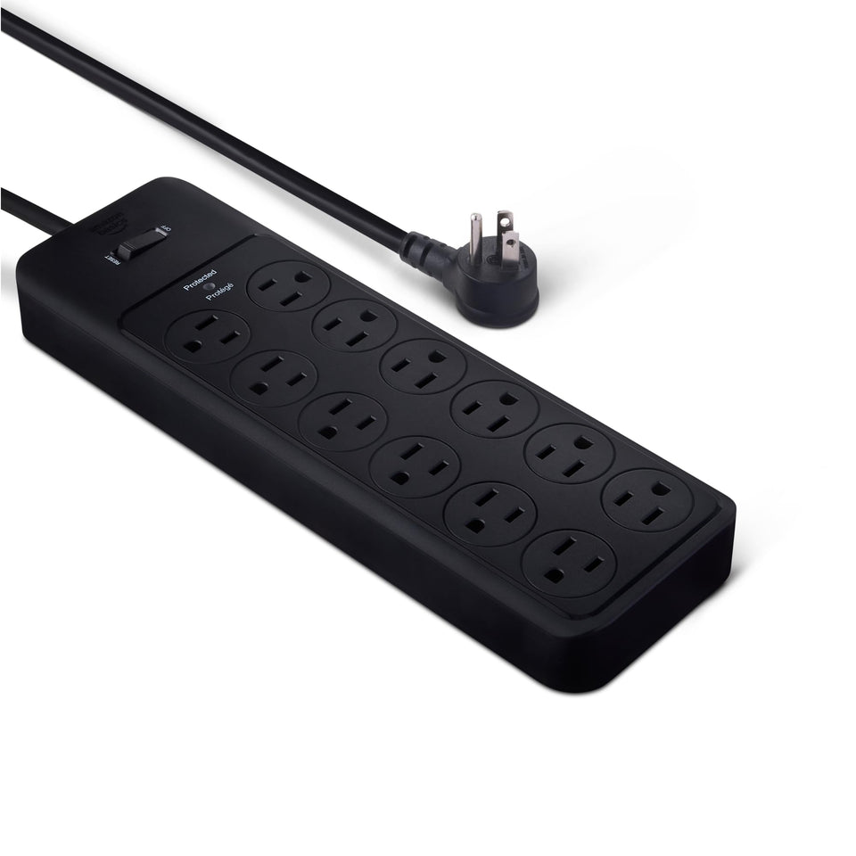 Amazon Basics 12-outlet surge protector with 8-foot cord powers a tidy home office.