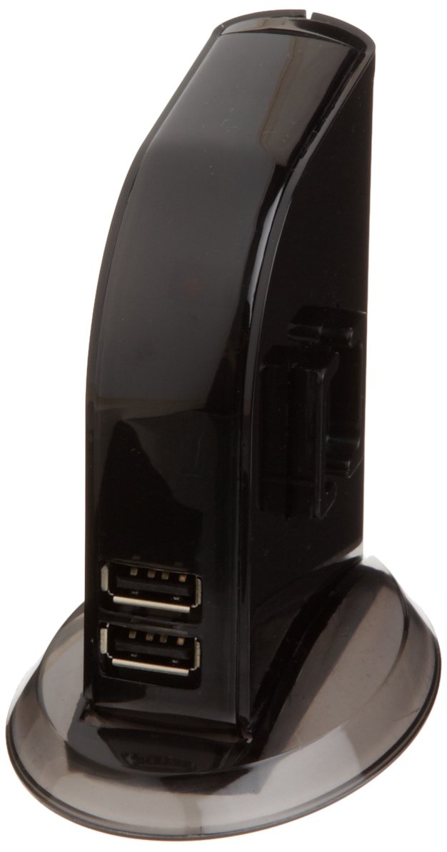 Amazon Basics 5V/4A power adapter close-up powering the hub.