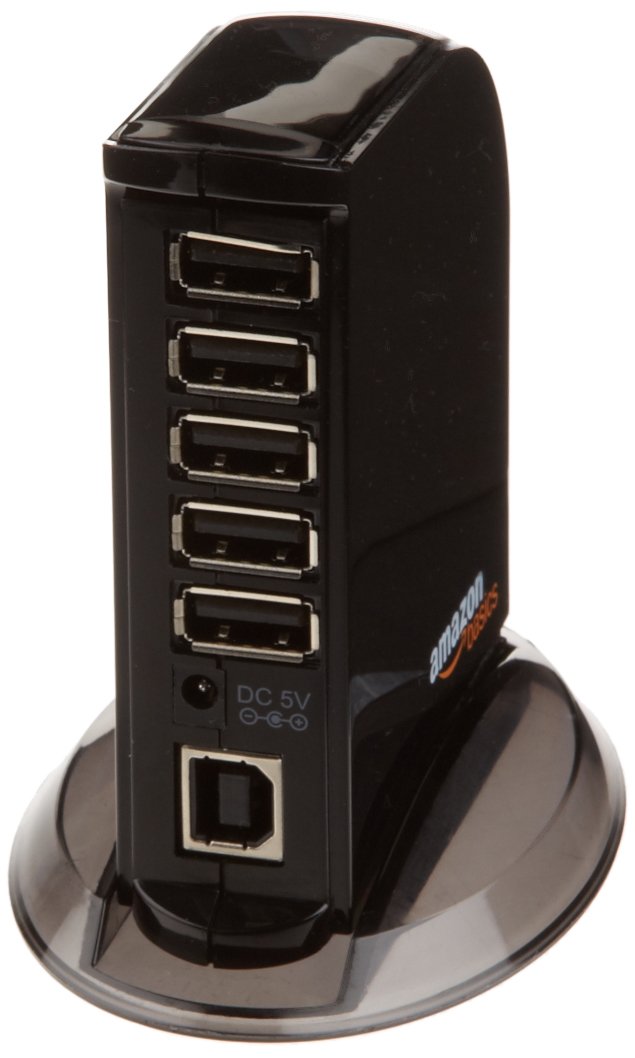 Amazon Basics USB hub tower with side ports close-up, showing multiple connections.