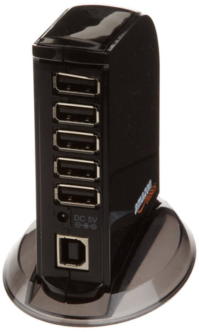 Amazon Basics USB hub tower with side ports close-up, showing multiple connections.