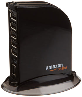 Amazon Basics 7-Port USB 2.0 Hub Tower top view for organized desk setup.
