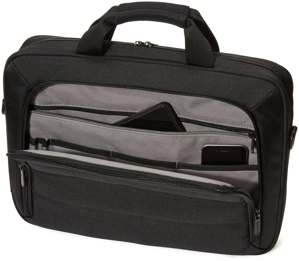 Amazon Basics adjustable shoulder strap and grab handle for easy carrying.