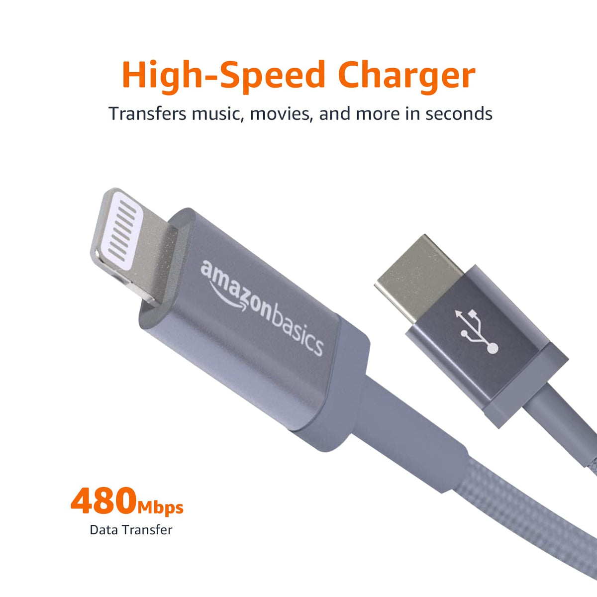 Nylon braided design adds strength for daily charging and data use with Amazon Basics cable.