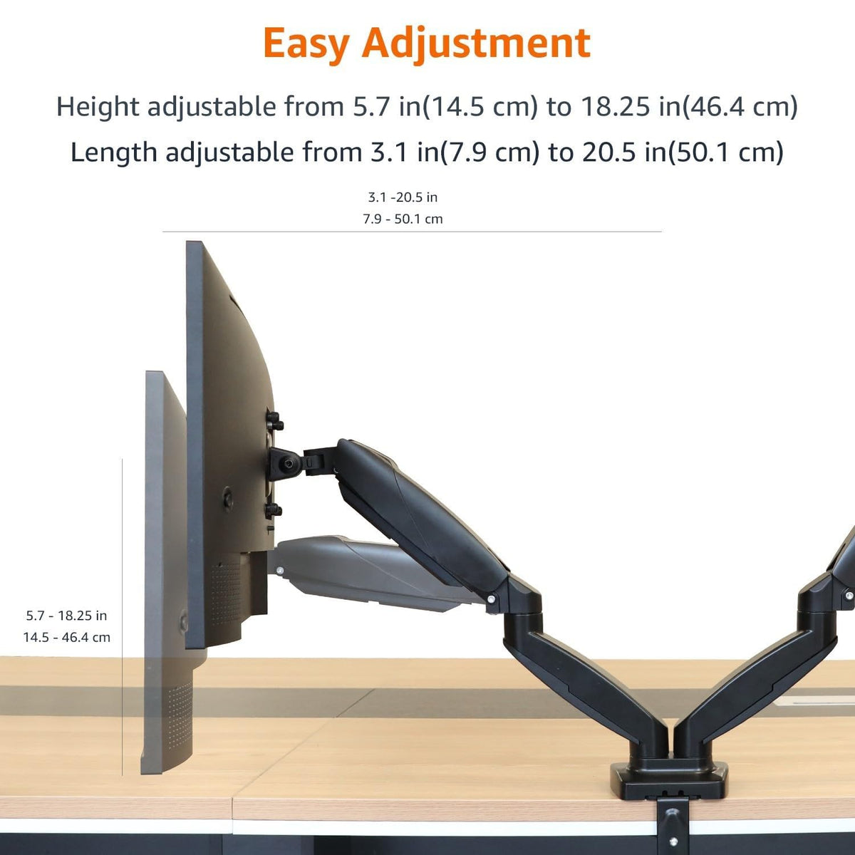 Amazon Basics arm in use with dual monitors demonstrating ergonomic setup